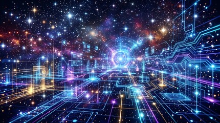 Obraz premium Futuristic Digital Background with Sparkling Stars