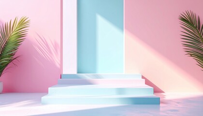 Obraz premium Minimalist pastel stage with palm leaves and sunlight.