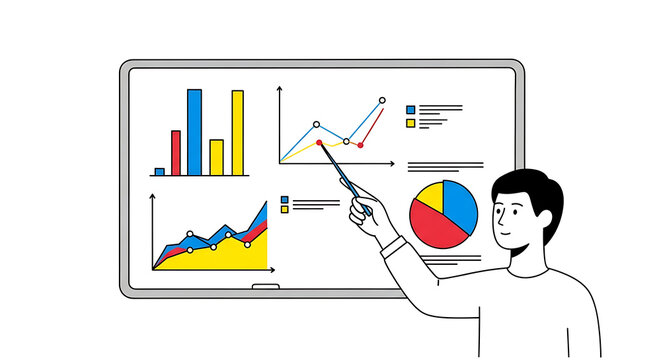 Businessman presenting data on whiteboard with graphs and charts