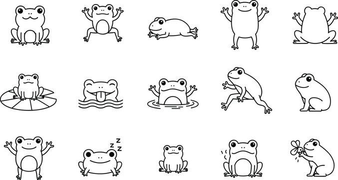 Cute Cartoon Frog Illustration Set &mdash; 15 Adorable Frog Characters in Various Playful Poses and Expressions