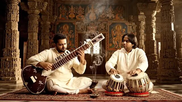 Traditional Indian musicians playing sitar  tabla in ancient temple. Cultural performance, artistic, musical, serene ambiance. Music of India, India, Asia