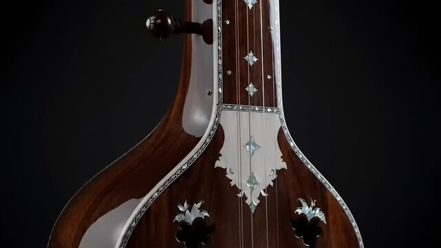 Sitar detail close-up musical instrument, playing, craftsmanship, ornate inlay. Captures cultural heritage and artistry of Indian music beautifully.