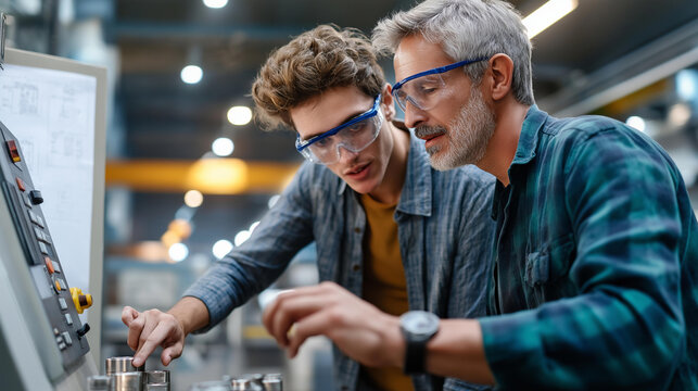 Close up of an experienced engineer's hands guiding an apprentice's hands on a machine control panel with a digital interface display both wearing safety goggles pushed up