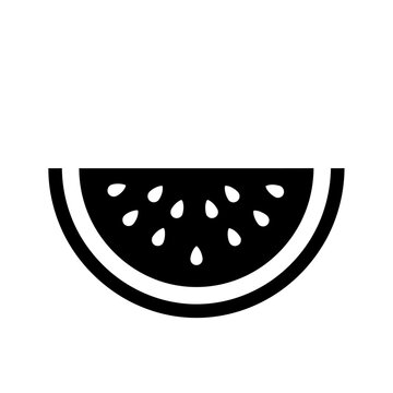 Simple black and white icon depicting a slice of watermelon with seeds, representing summer fruit and healthy eating
