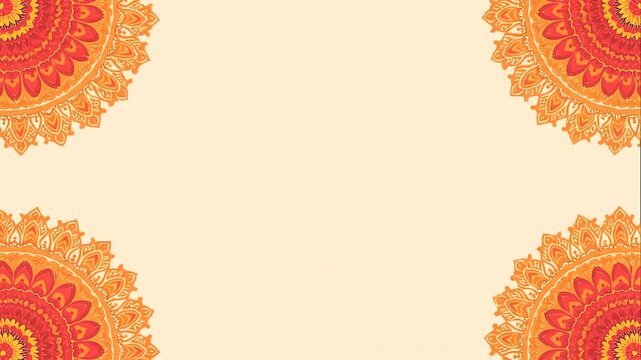 Elegant beige background adorned with vibrant orange and red mandala-like patterns in the corners, creating a festive ambiance