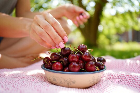 A person reaches for cherries in a bowl placed on a blanket under a tree. The scene takes place in a park filled with grass and bright sunlight. The hand gently picks cherries from the bowl.