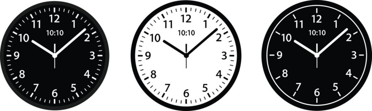 Minimalist Set of Three Analog Wall Clocks Showing 10:10 on White Background