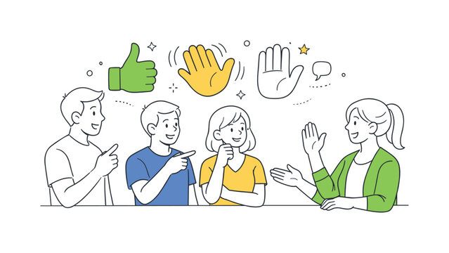 A visual communication learning moment where a small group explores hand signals used to convey quick messages and emotions without spoken language in everyday situations, visual