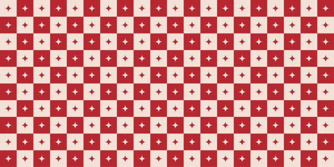 Obraz premium Red Checkerboard Seamless Pattern with Star. Geometric square background. Vintage plaid print for gift wrapping paper and fabric. Vector illustration art