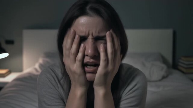 Woman covering face with hands, stressed or crying in dark bedroom at night, with bed and lamp in background, possibly depicting anxiety or sadness