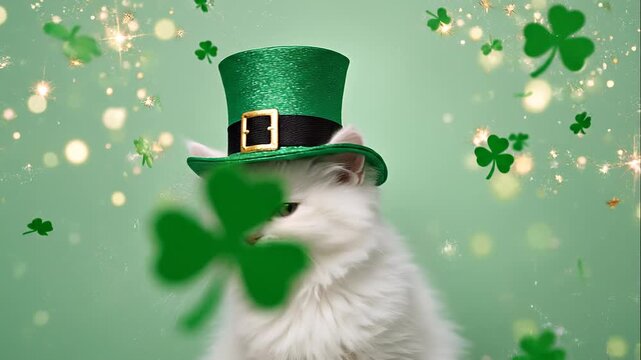 White fluffy cat wearing a festive green St. Patrick's hat amid a background of shamrocks and glowing lights
