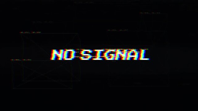 Abstract digital glitch effect with 'NO SIGNAL' text on a dark screen, representing a lost connection, broadcast error, or communication breakdown