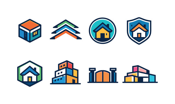 Property business marks: abstract house cube, layered rooftop lines, circular home emblem, shield with house center, house inside hexagon, stacked apartment blocks, minimal gate