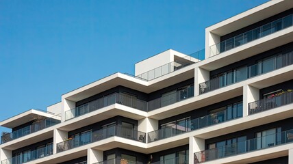Obraz premium A modern white apartment building with balconies under a clear blue sky