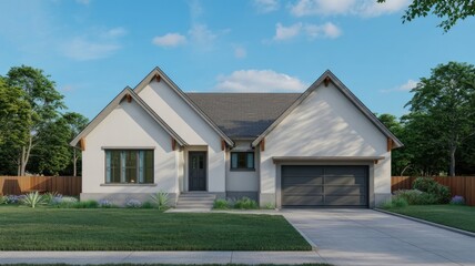 Fototapeta premium A modern single-story house with a gray roof and white exterior