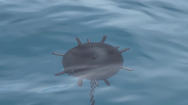 Moored naval mine underwater in wavy sea