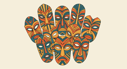 Vibrant Abstract Mask tribal pattern with multiple colorful faces on a pale background