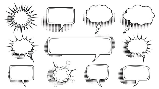 Collection of comic book speech bubbles and explosion effects in black and white