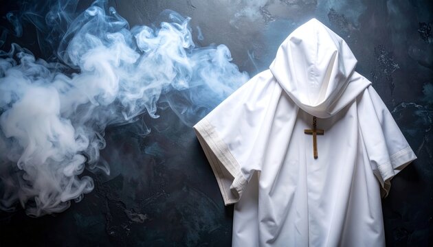 Ethereal ascent flat lay featuring a cloak amidst smoke with space for text