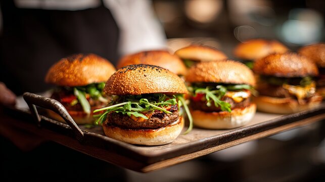 A person serving a tray of gourmet burgers in a restaurant setting