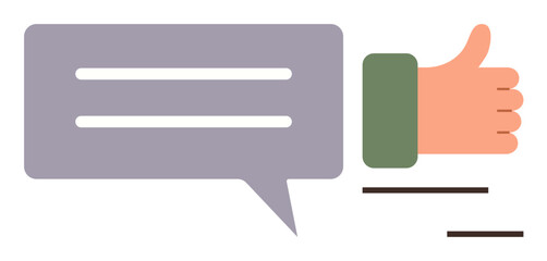 Obraz premium Positive feedback, communication, reviews, social media, user engagement, approval. A thumb-up gesture beside a speech bubble icon. Positive feedback and communication