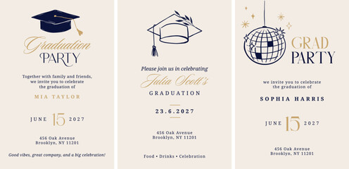 Class of 2026 elegant vintage graduation party and prom invitations with black and gold hand drawn line art elements. © Marina Zlochin