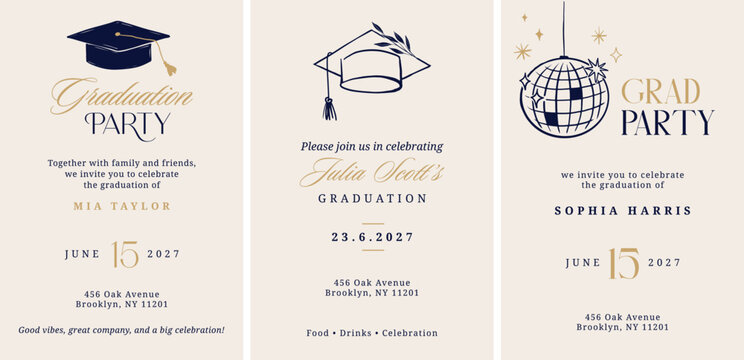 Class of 2026 elegant vintage graduation party and prom invitations with black and gold hand drawn line art elements.