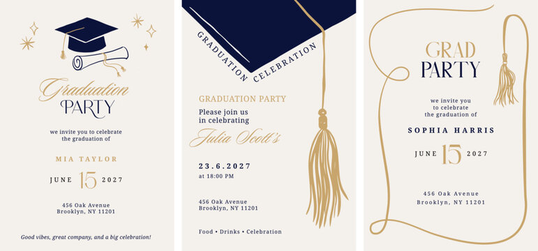 Class of 2026 elegant vintage graduation party and prom invitations with black and gold hand drawn line art elements.