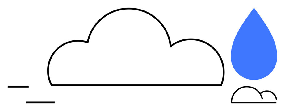 Weather forecasting, climate change, water resources, environmental sustainability, meteorology, precipitation. Minimalist design of a cloud and a blue water drop. Weather forecasting and climate