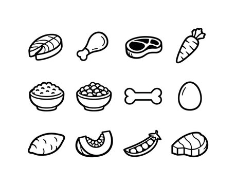 Pet food ingredients: fish fillet, chicken drumstick, beef steak, carrot, broccoli, rice bowl, kibble pellets bowl, bone, egg, sweet potato, pumpkin slice, peas pod