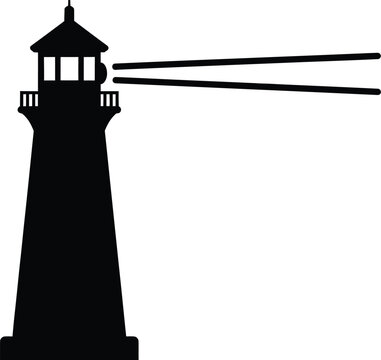 Black lighthouse with bright beam of light shining across dark ocean waves guiding ships safely home at night