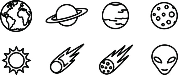 Planet and Space Line Icon Set — Earth, Saturn, Moon, Sun, Comet, Alien Outline Symbols © Muhammad