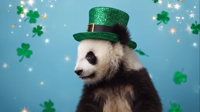 A cute panda wearing a glittery green leprechaun hat, set against a sky-blue background with shamrocks and stars