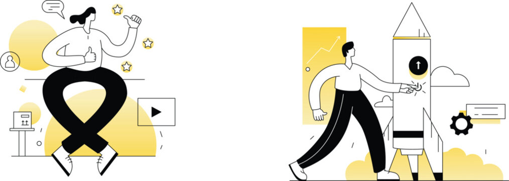 Business people are successful with a rocket