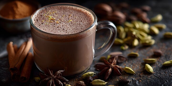 Depth of India aromatic flavor of Thandai Indian hot chocolate tantalize taste bud clean professional stock photo sharp macro photography style cinematic realism ultra photorealistic no text no