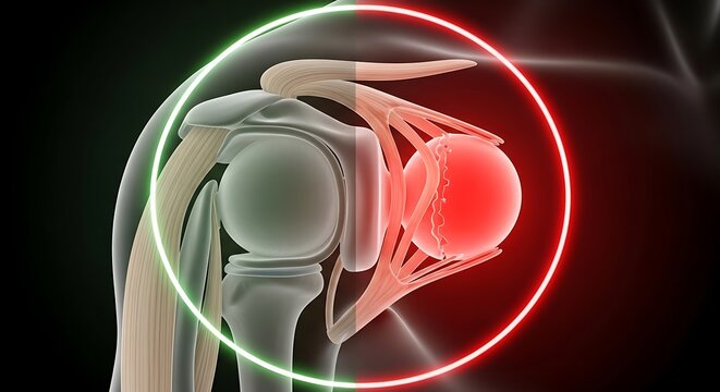 Shoulder joint anatomy with highlighted bone fracture comparison of healthy and painful side