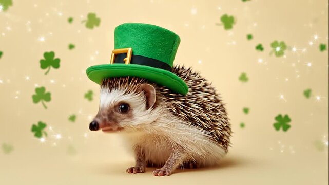 Adorable hedgehog wearing a green top hat with a gold buckle, standing on a festive background with glowing stars and clovers