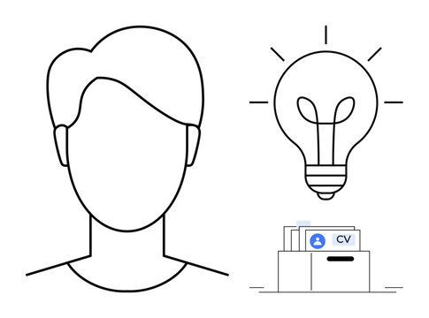 Recruitment concept. A profile avatar, light bulb ideas, and CV folder illustrate recruitment strategies. Recruitment enhances hiring processes and professional growth. Use for HR, employment, job