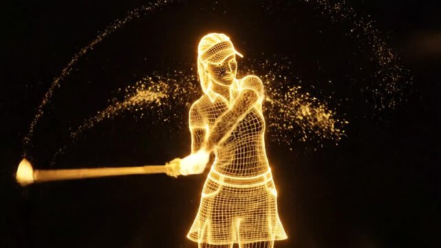 Glowing wireframe female golfer swinging golf club in a digital holographic display