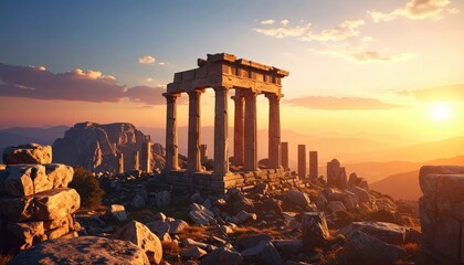 Fototapeta premium Timeless Ruins at Sunrise: A Majestic Ancient Structure Bathed in Golden Light