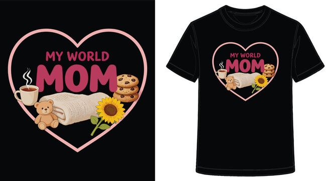 Mothers day tshirt design with heart and mom text on black tshirt and print