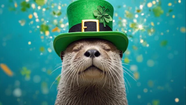 Otter wearing a green St. Patrick's hat with a black buckle, featuring a shamrock, against a festive green background with bokeh lights