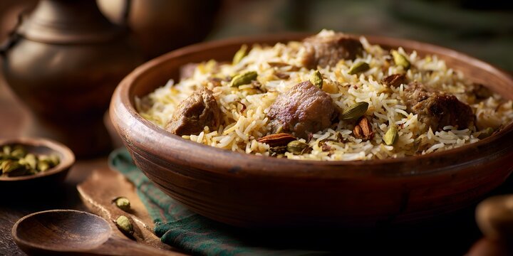 Lush valley of Kashmir fragrance of cardamom permeates aromatic biryani dish filled tender lamb fluffy basmati rice clean professional stock photo sharp macro photography style cinematic realism ultra