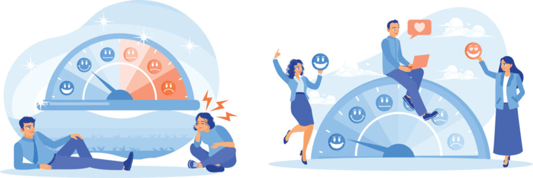 People showing various emotions on a speedometer