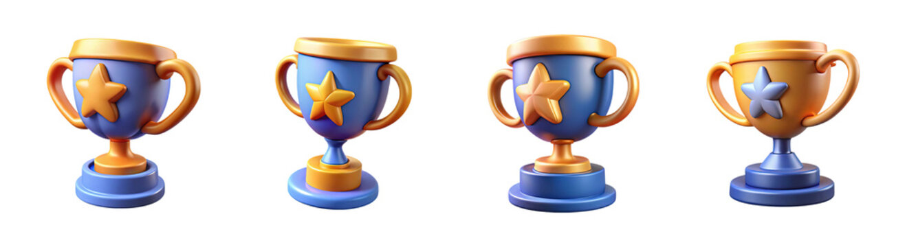 Set of 3d trophy icons with gold stars and blue and orange elements isolated on transparent background