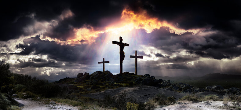 Calvary Hill - Crucifixion Of Jesus - Three Crosses With Dramatic Clouds &hellip;and there was darkness over the whole land... Sunbeam Flare And Glittering Effects On Christ 
