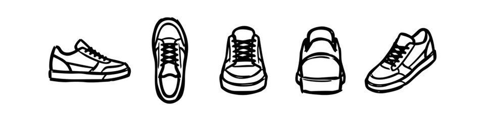 Set of hand-drawn sneaker icons showing multiple views including side, top, front, back, and perspective. Minimalist black line art sketches of athletic shoes on a white background. © Nort Kor