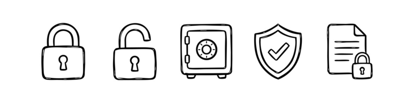 Set of hand-drawn security icons: closed/open padlocks, safe box, shield with checkmark, and locked document. Minimalist black doodle style on white for data protection and cyber security concepts.
