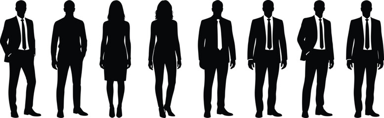Fototapeta premium Silhouettes of diverse business professionals in suits and dresses, standing side by side, symbolizing workplace diversity and representation