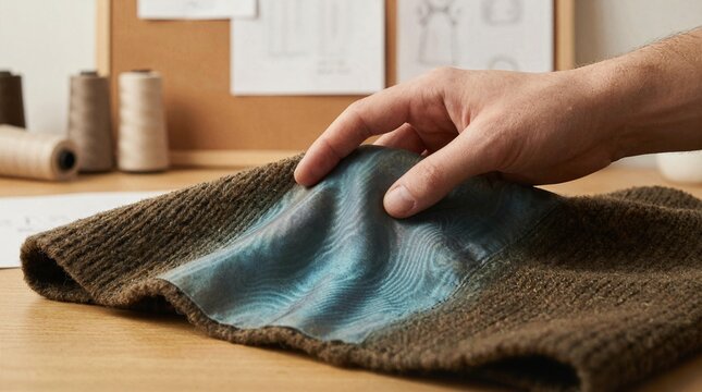 A hand strokes a textured living fabric that ripples like water and transitions from rough heavy-knit wool to smooth iridescent silk exactly where the fingers make contact